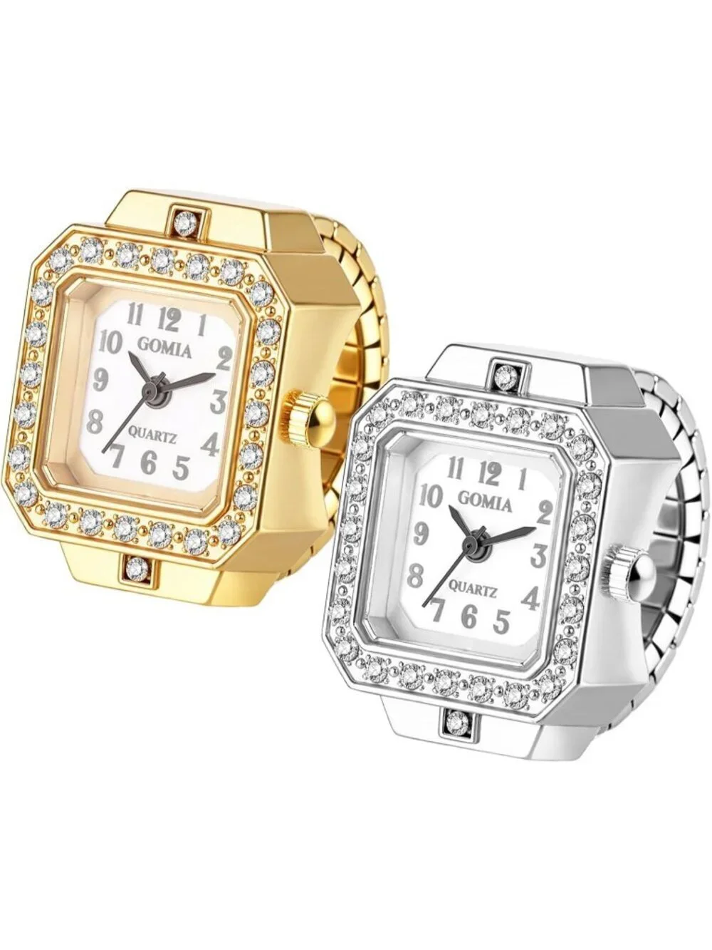 Unisex Silver Quartz Bling Stainless Steel Elastic Band Square Finger Ring Watch